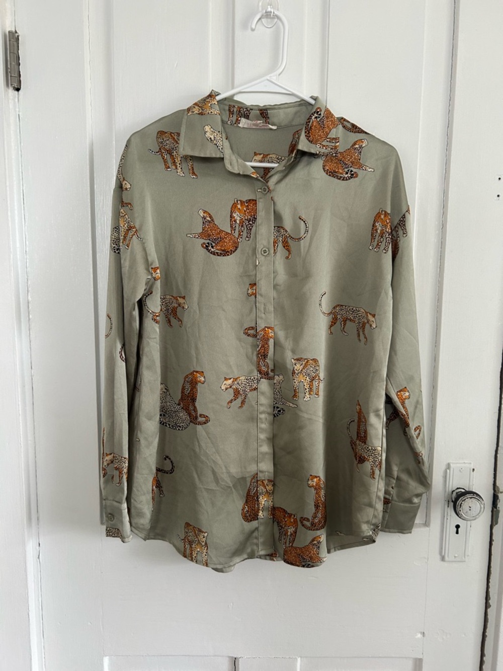 Mazik Olive Green Button-Down Shirt with Leopard Motif